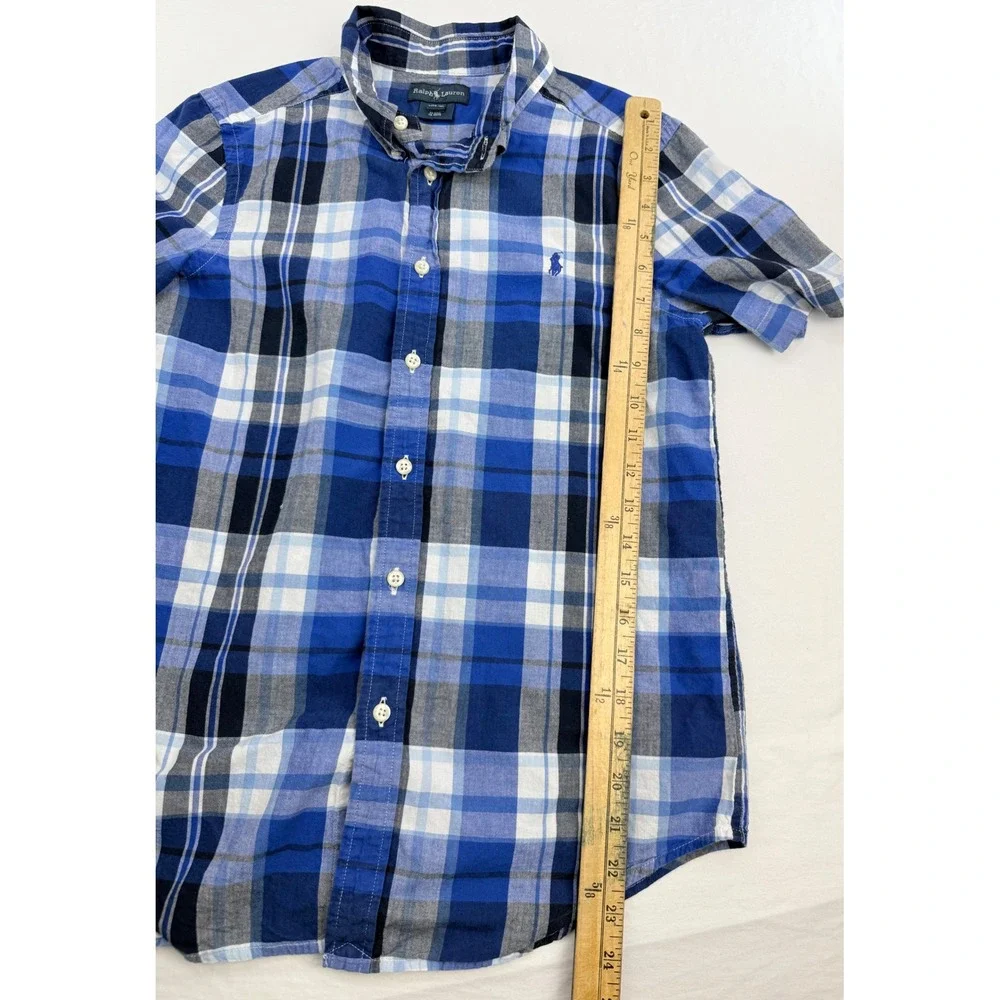 Ralph Lauren Boys Blue White Plaid Short Sleeve Button Down Shirt Size L 14-16